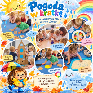 Grafika podsumowująca tydzień „Pogoda w kratkę”, przygotowana na podstawie zdjęć z zajęć, z wykorzystaniem elementów graficznych AI.